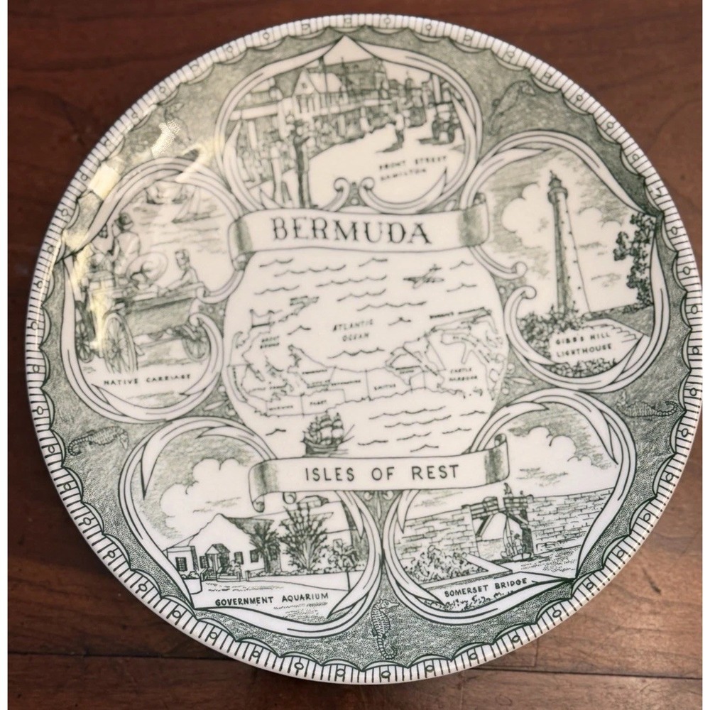 Vintage Bermuda Souvenir Plate Green Transferware Isles of Rest Map 7" Small